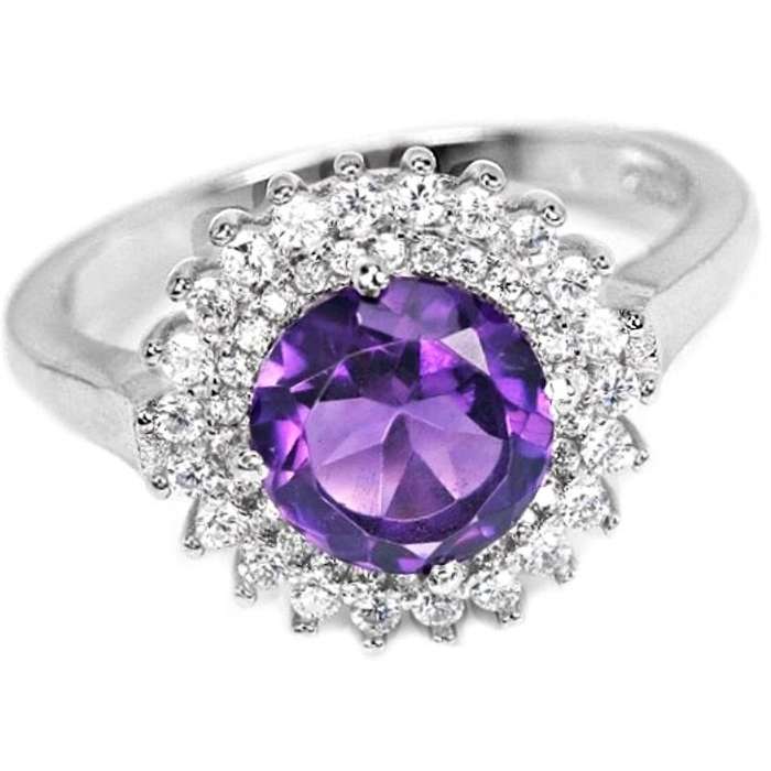 Natural Round Portuguese Cut Purple Amethyst,White Cz in Solid .925 Silver Ring Size 8 / Q