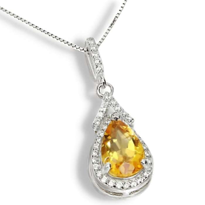 Deluxe Natural Unheated Citrine, White Cubic Zirconia Gemstone  Solid .925 Sterling Silver Necklace