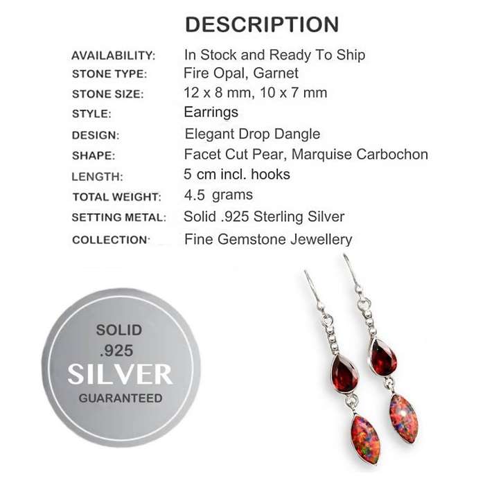 Natural Mozambique Garnet and Fire Opal Gemstones set in Solid .925 Sterling Silver Earrings