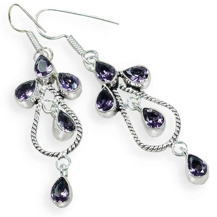 Purple Amethyst Pears set in .925 Sterling Silver Plated Chandelier Style Handmade Earrings