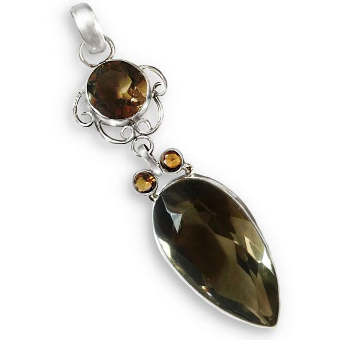 Elegant Smoky Topaz and Cognac Citrine set in .925 Sterling Silver Plated Antique Style Pendant