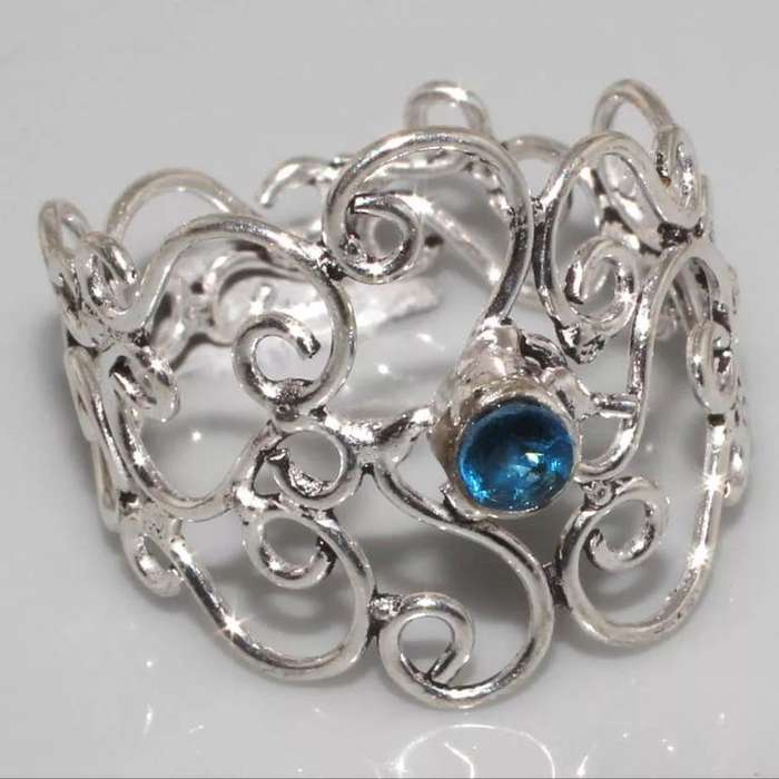 Dainty Blue Quartz set in Ornate Intricate .925 Sterling Silver Plated Handmade Ring Size 8/Q