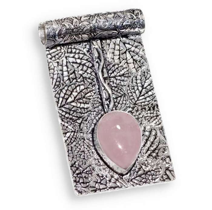 Natural Pink Rose Quartz Pear Gemstone with Embossed Leaf Floral 925 Sterling Silver Plated Handmade