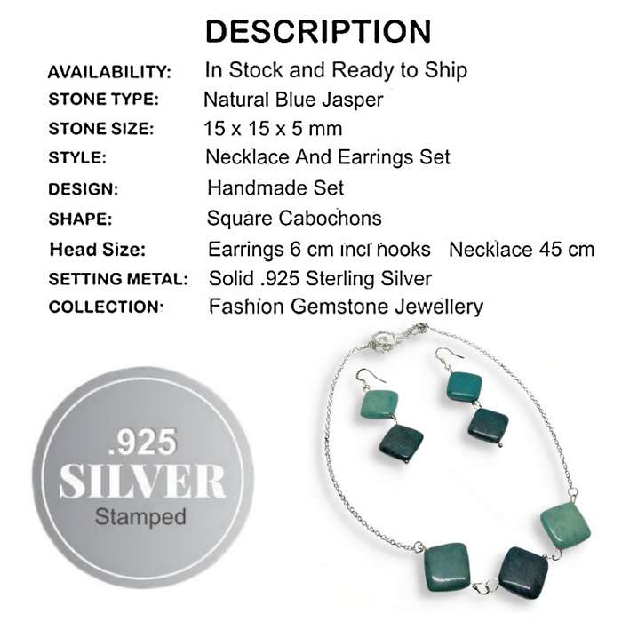 Handmade Natural Blue Jasper Squares in .925 Silver Necklace & Earrings Set