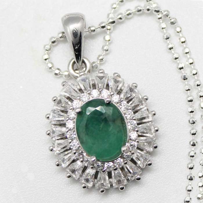 Breathtaking AAA Natural Zambian Emerald, White CZ Solid .925 Sterling Silver Pendant