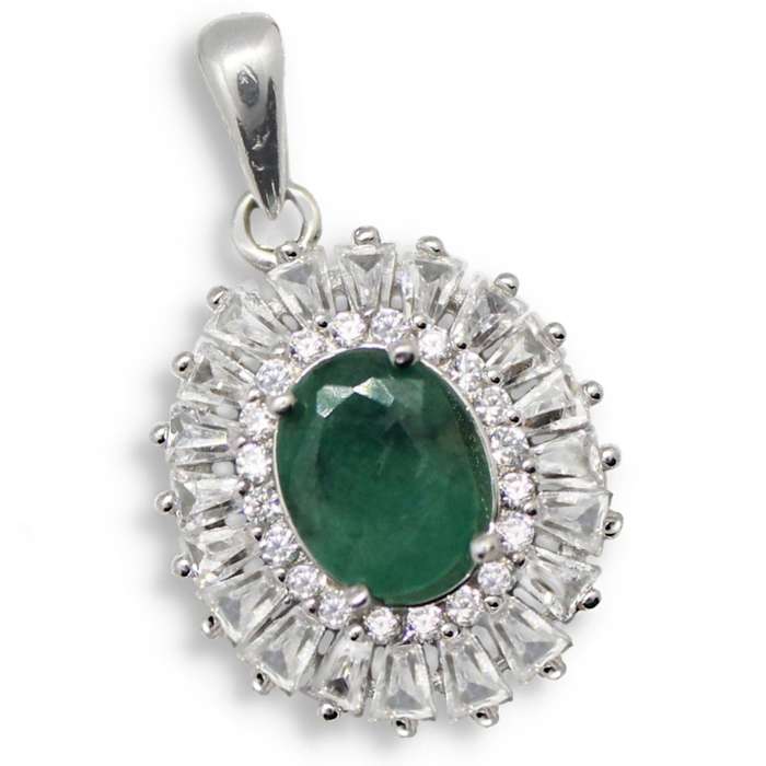 Breathtaking AAA Natural Zambian Emerald, White CZ Solid .925 Sterling Silver Pendant
