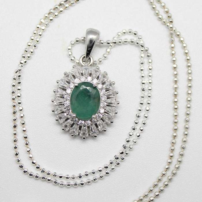 Breathtaking AAA Natural Zambian Emerald, White CZ Solid .925 Sterling Silver Pendant