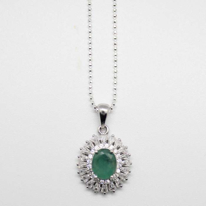 Breathtaking AAA Natural Zambian Emerald, White CZ Solid .925 Sterling Silver Pendant