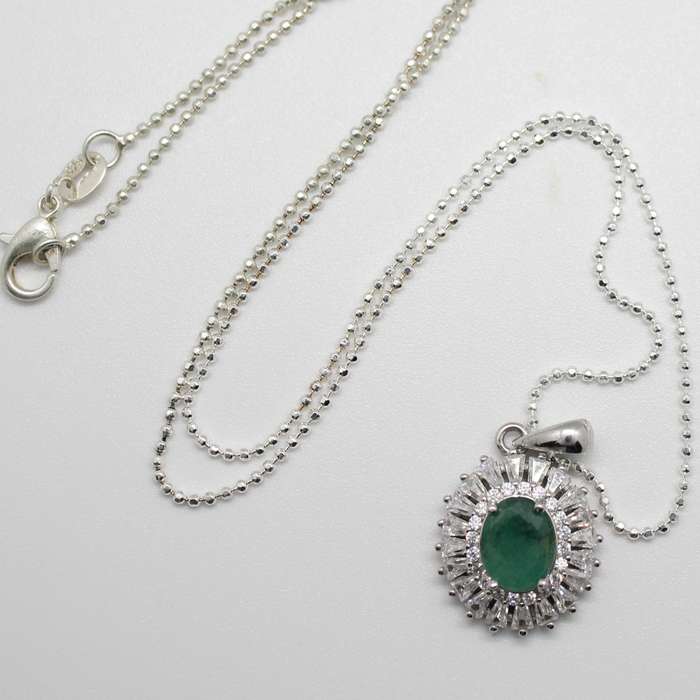 Breathtaking AAA Natural Zambian Emerald, White CZ Solid .925 Sterling Silver Pendant
