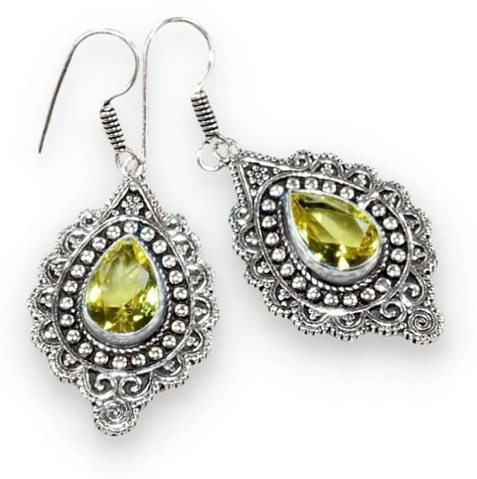 Antique Style Citrine Pear Gemstone set in .925 Sterling Silver Plated Handmade Earrings