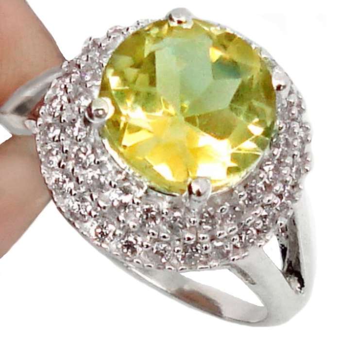 6.53 cts Natural Lemon Topaz and White Topaz set in Solid .925 Sterling Silver Ring Size US 8 / Q