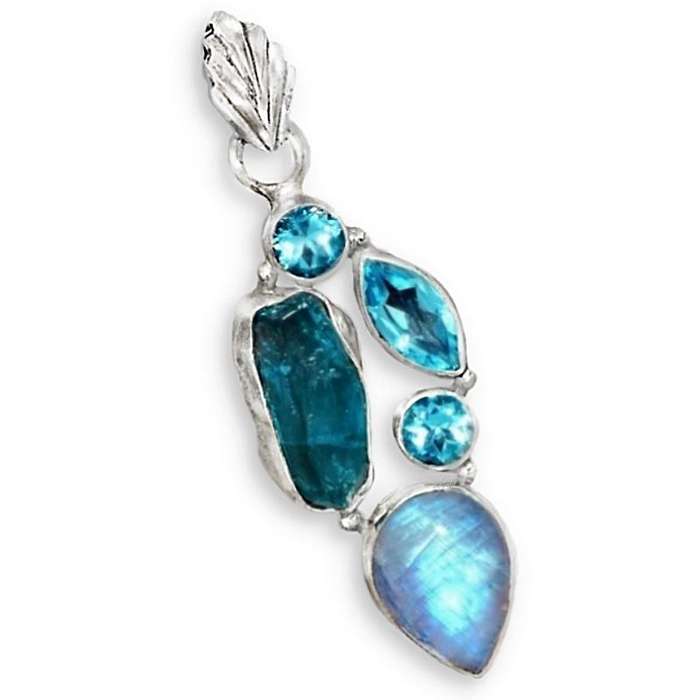 Natural Neon Blue Apatite Rough, Moonstone, Blue Topaz Solid .925 Sterling Silver Pendant