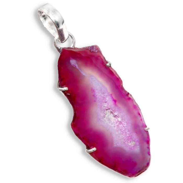 Handmade Pink Agate Druzy Geode Slice Gemstone set in .925 Sterling Silver Plated Pendant