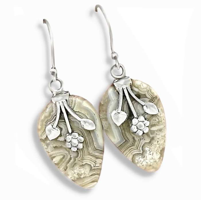Gorgeous Earth Mined Natural Mexican Laguna Lace Gemstone Solid .925 Silver Earrings