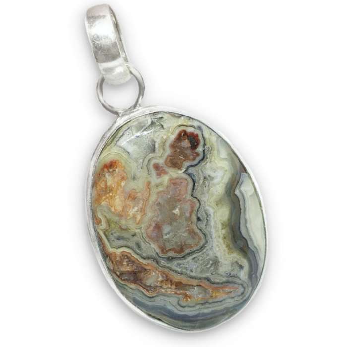 Natural Mexican Laguna Lace Agate Gemstone .925 Sterling Silver Plated Handmade Pendant