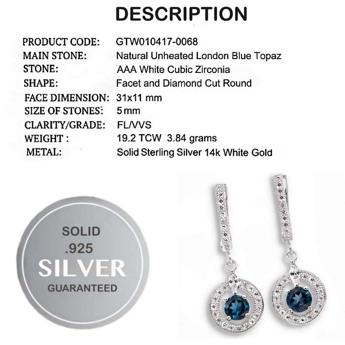 Deluxe Natural London Blue Topaz & White CZ in Solid .925 Sterling Silver 14K White Gold Earrings