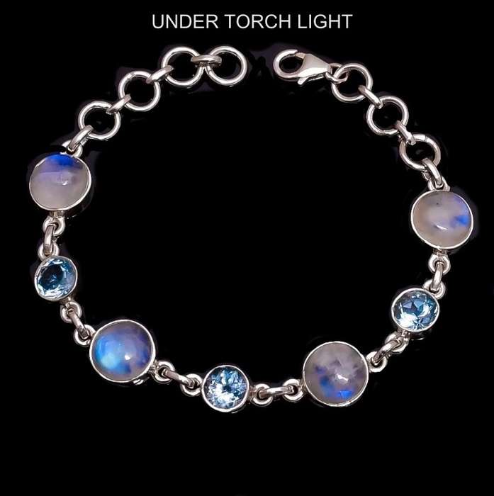 Natural Rainbow Moonstone and Blue Topaz Gemstones set in Solid .925 Sterling Silver Bracelet