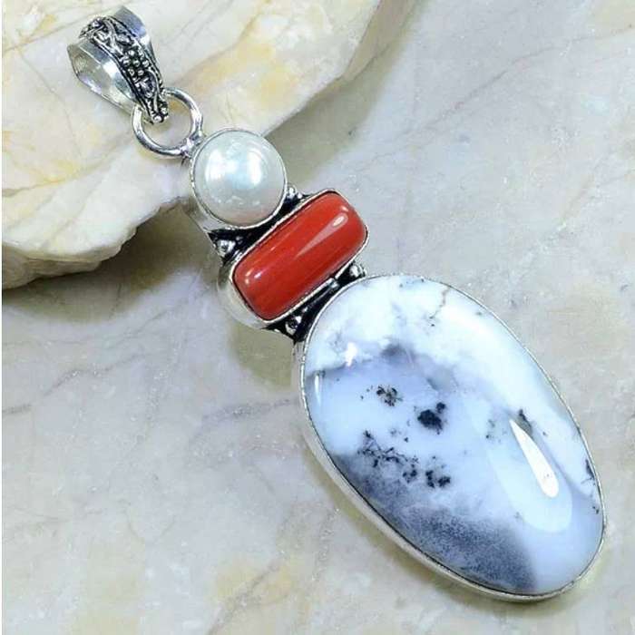 Natural Dendritic Opal, Biwa Pearl and Red Coral Gemstone .925 Sterling Silver Plated Pendant