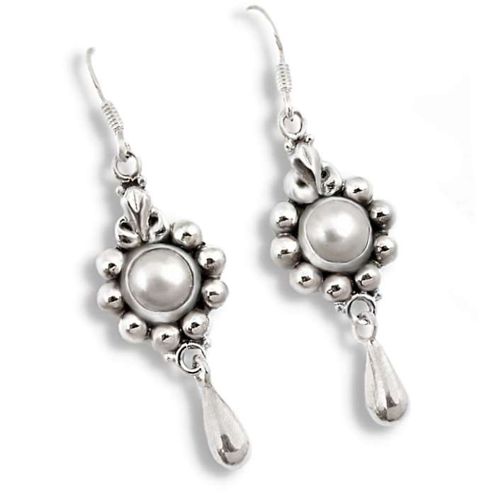 5.68 cts Natural White Pearl set in Solid .925 Sterling Silver Drop Dangle Earrings