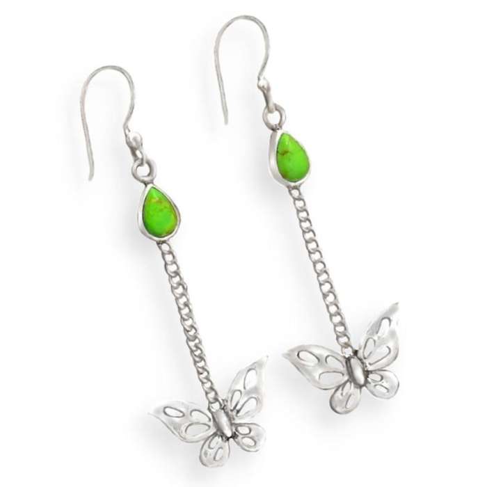 Natural Mohave Copper Green Turquoise Gemstone set in Solid 925 Sterling Silver Butterfly Earrings