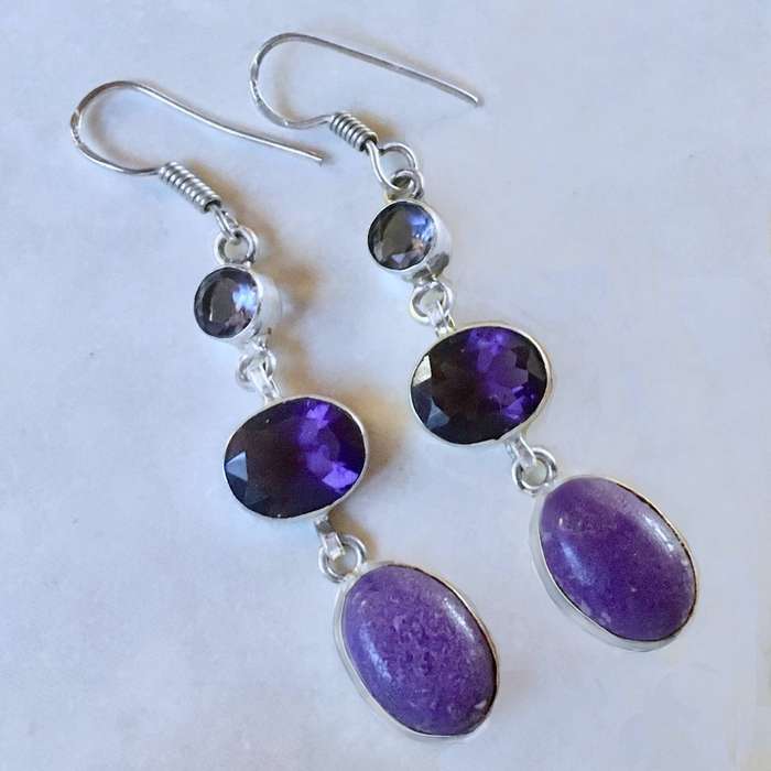 Purple Amethyst and Mosaic Jasper Mixed Shapes set in 925 Sterling Silver Plate Drop Dangle Earrings