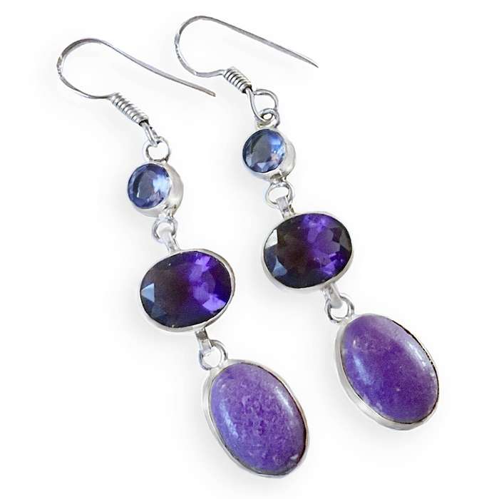 Purple Amethyst and Mosaic Jasper Mixed Shapes set in 925 Sterling Silver Plate Drop Dangle Earrings