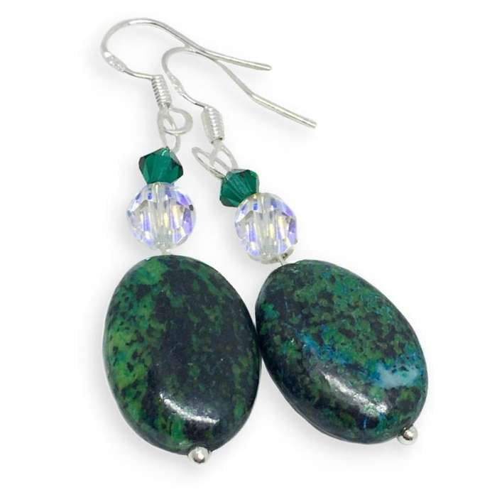 Natural Chrysocolla and Crystal beads set in .925 Sterling Silver Necklace & Earrings Set