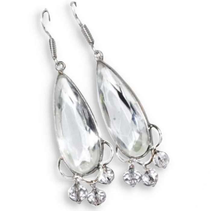 Clear Quartz Long Pear Shape set in.925 Sterling Silver Plated Dangle Earrings