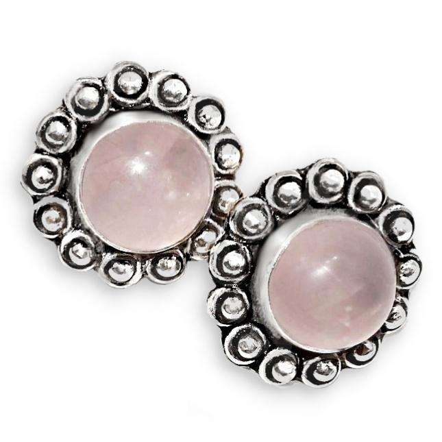 Natural Pink Rose Quartz Round Gemstone .925 Silver Plated Antique Style Stud Earrings