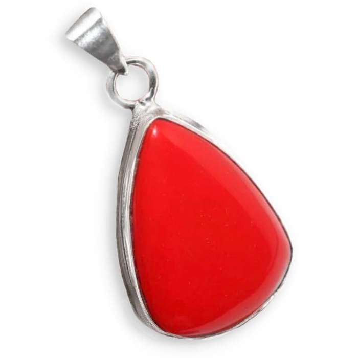 Vibrant Red Coral Pear Shape set in .925 Sterling Silver Plated Handmade Pendant