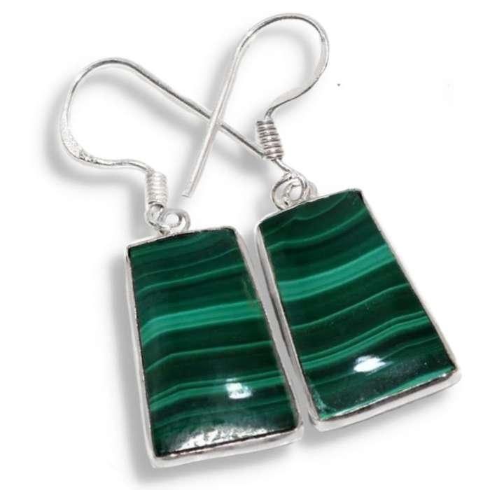 Natural Malachite Ladder Shape Gemstone set in. 925 Sterling Silver Plated Handmade Earrings