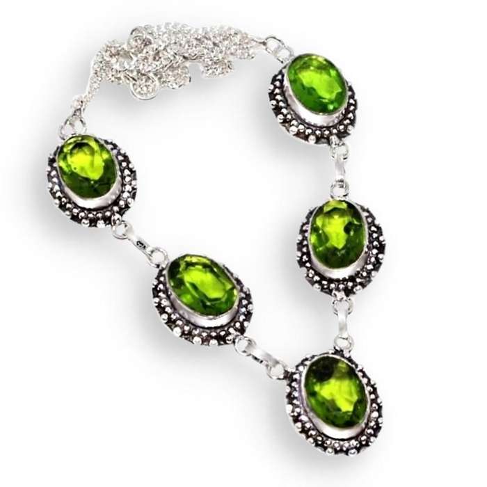 Peridot Ovals set in Antique style .925 Sterling Silver Plated Handmade Necklace