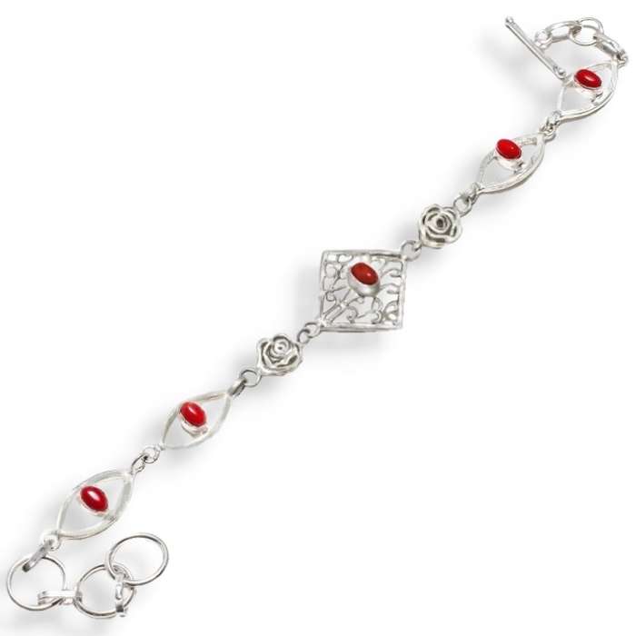 Red Coral Ovals set in  .925 Sterling Silver Plated Handmade Dainty Bracelet
