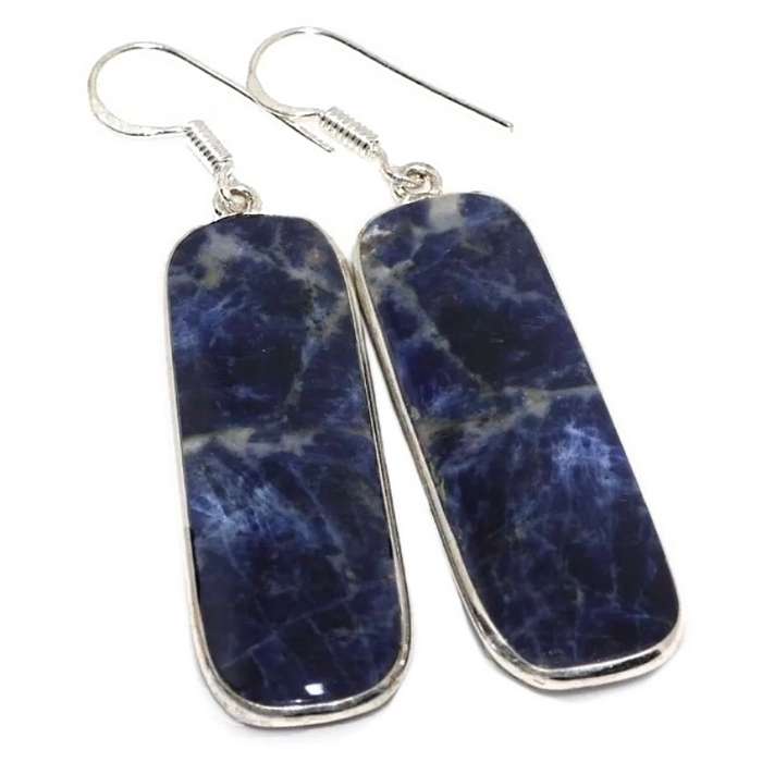 Natural Sodalite Geometric Shape Gemstone set in 925 Sterling Silver Plated Handmade Earrings