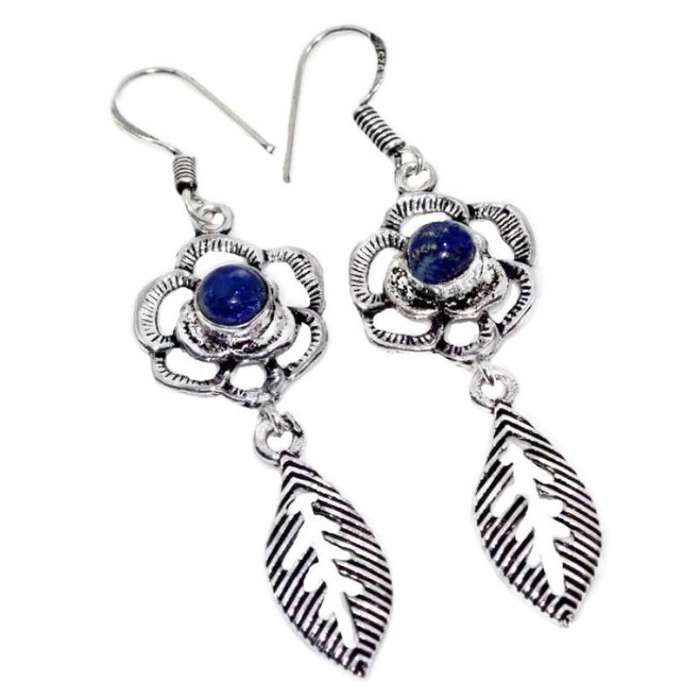 Natural Round Lapis Lazuli Gemstone set in .925 Sterling Silver Plated Floral Leaf Set Earrings