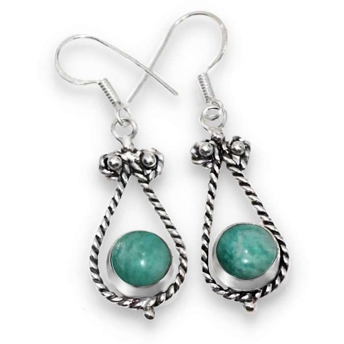 Natural Amazonite Round Gemstone set in .925 Sterling Silver Plated Antique Style Earrings