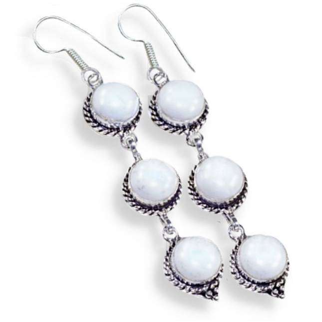 White Jade Round Gemstones set in. 925 Sterling Silver Plated  Handmade Long Earrings