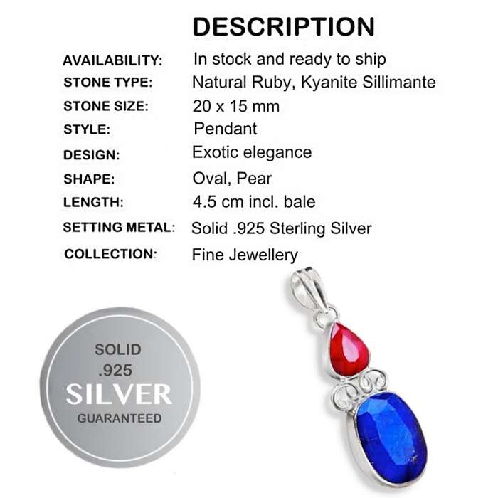 Rare Natural Ruby and Kyanite Sillimanite set in Solid .925 Sterling Silver Pendant