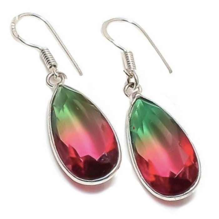 Bi-Colour Tourmaline Pears set in .925 Sterling Silver Plated Handmade Earrings