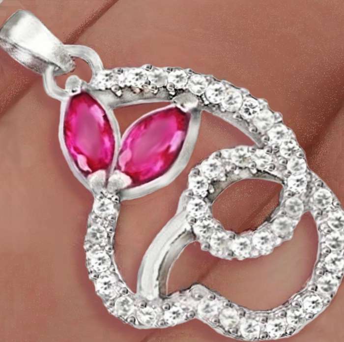 Marquise Shape Pink Red Ruby and White Topaz set in .925 Solid Sterling Silver Dainty Pendant