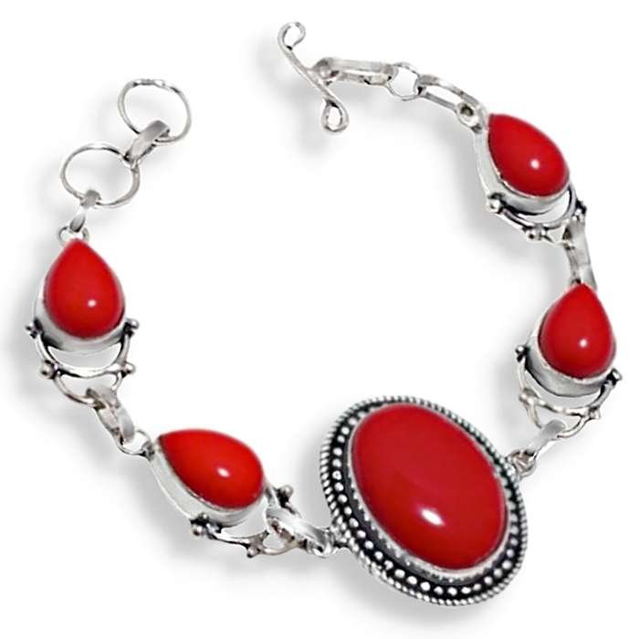 Red Coral Mixed Shapes set in .925 Sterling Silver Plated Handmade Bracelet