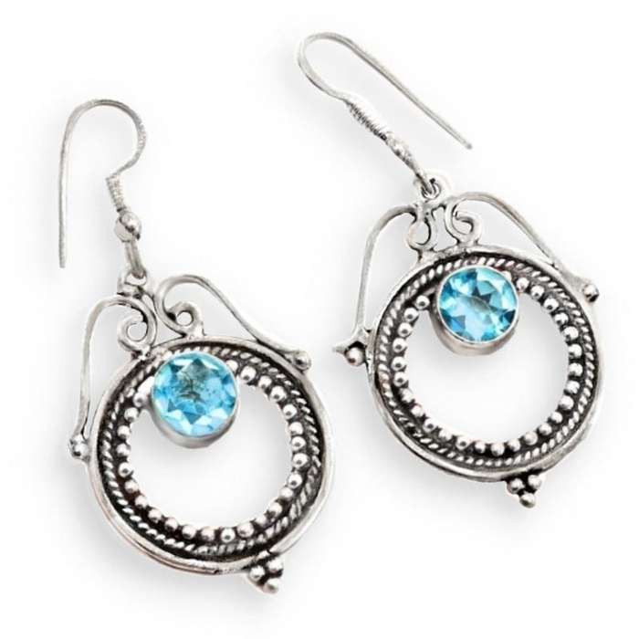 Swiss Blue Topaz Gemstone set in .925 Sterling Silver Plated Antique Style Handmade Earrings