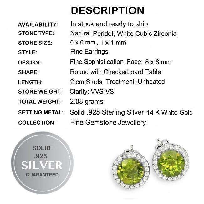 Natural Unheated Round Peridot and White Cubic Zirconia Gemstone set in Solid .925 Sterling Silver E