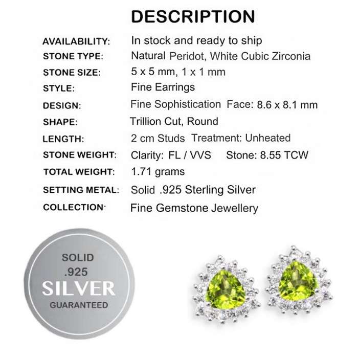 8.55 cts Natural Unheated Peridot, White Cubic Zirconia Solid .925 Sterling Silver 14K Stud Earrings