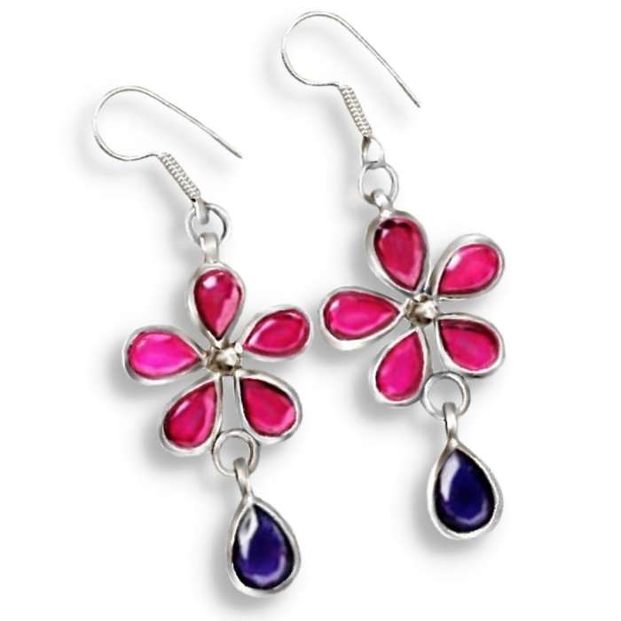 Natural Heated Pink Red Ruby, Sapphire Floral Gemstone Earrings in Solid .925 Sterling Silver