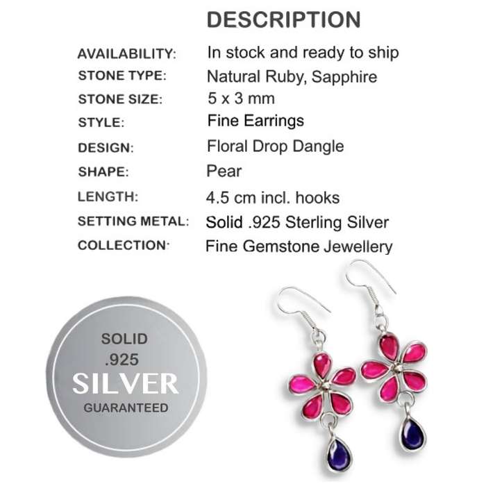 Natural Heated Pink Red Ruby, Sapphire Floral Gemstone Earrings in Solid .925 Sterling Silver