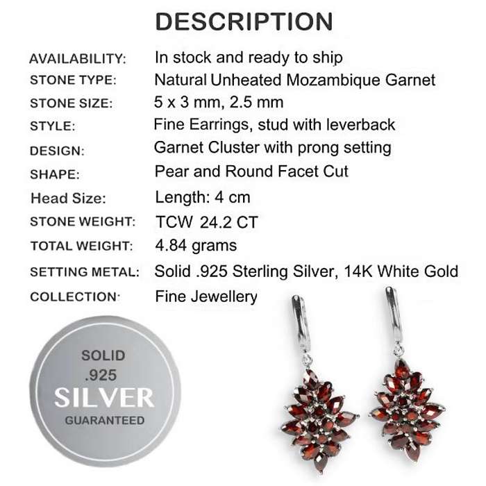 36 Natural Deep Red Mozambique Garnet Gemstone Solid .925 Sterling Silver 14K White Gold Earrings