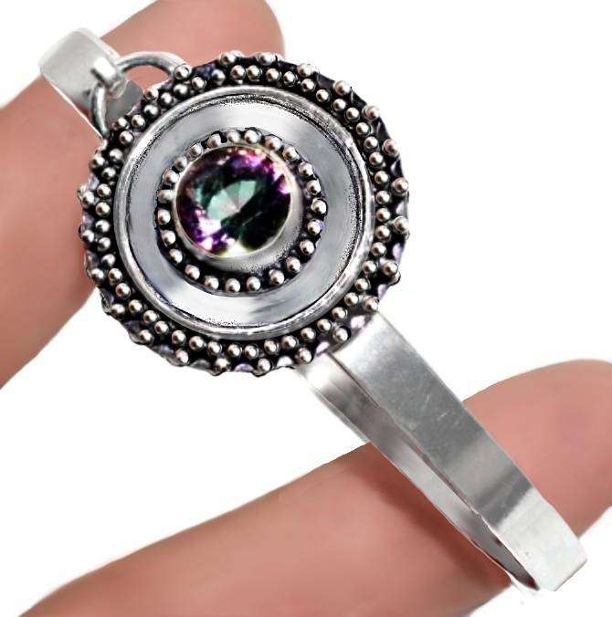 Round Mystic Rainbow Topaz set in .925 Sterling Silver Plated Handmade Antique Style Bangle