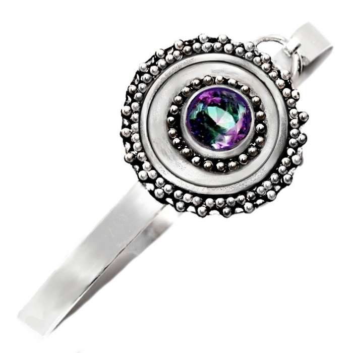 Round Mystic Rainbow Topaz set in .925 Sterling Silver Plated Handmade Antique Style Bangle