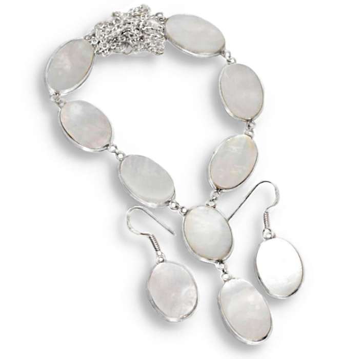 Natural Mother of Pearl Ovals set in .925 Sterling Silver Plated Handmade Necklace and Earrings Set